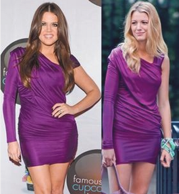Female celebrities wearing same purple dress 