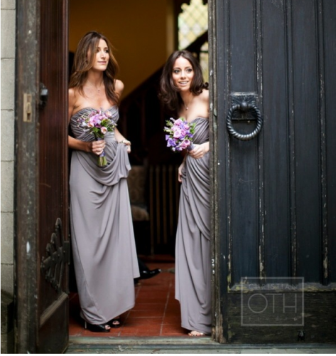 Bridesmaids dressed in purple and grey wedding theme 