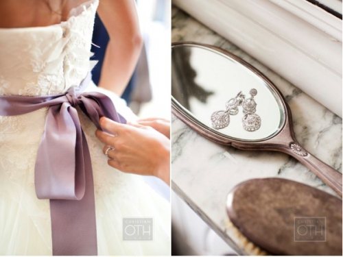 Bride with purple sash on wedding dress 