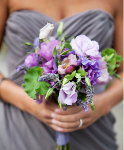 Bridesmaid flowers with purple and grey wedding theme 
