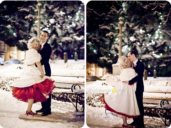 bride and groom in the snow