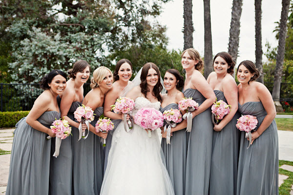 gray bridesmaid dress and pink bouquet