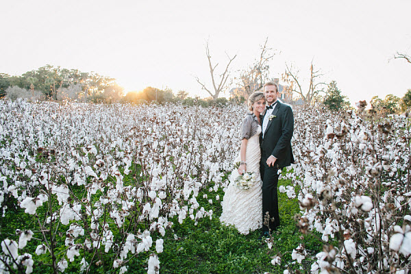 bride and groom in cotton field