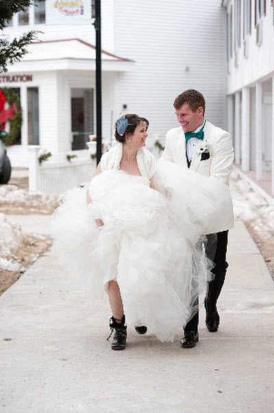 bride and groom winter walk