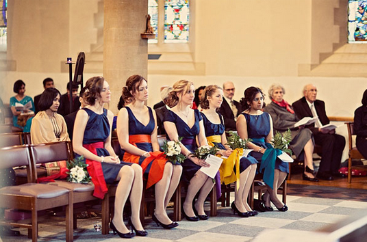 blue bridesmaid dresses with coloured sashes