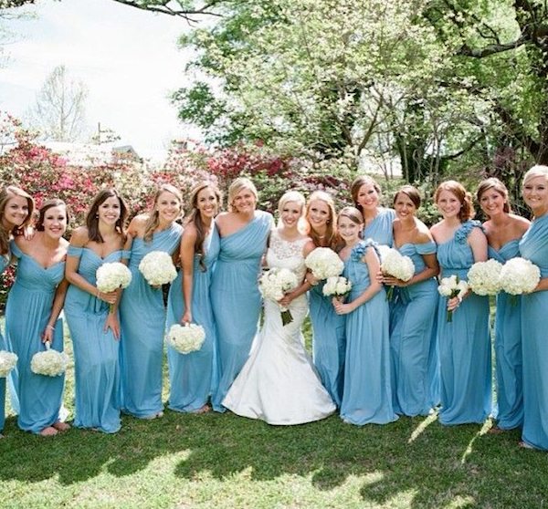 bridesmaids in long blue dresses