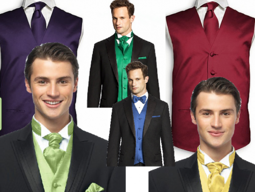 Peacock jewel colours for the men too - waistcoats, cravats and ties by Dessy