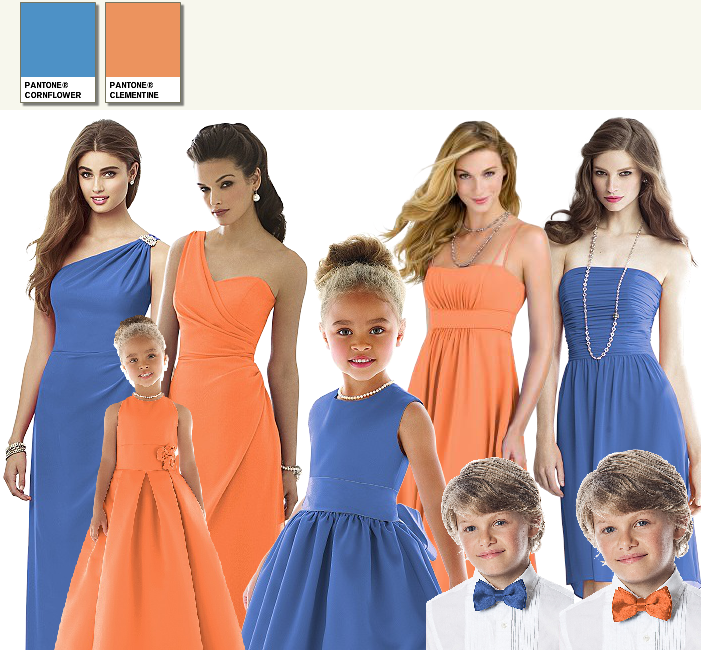 orange and blue wedding moodboard by Dessy