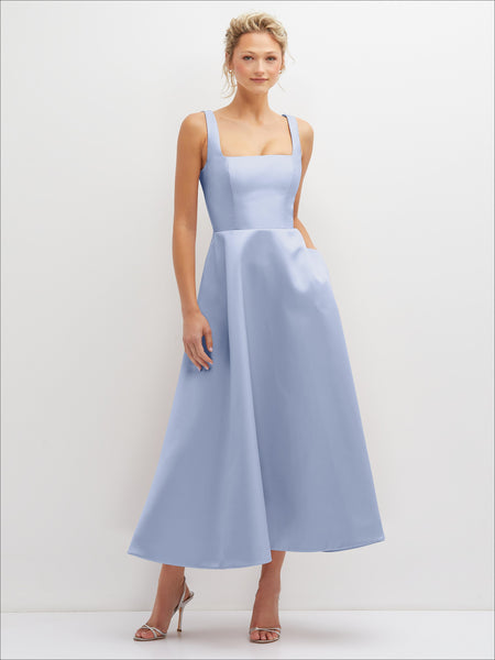 Square Neck Satin Midi Dress with Full Skirt & Pockets