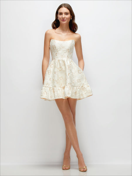 white and gold short dress Strapless Cat-Eye Corset Ivory Gilt Rosette Brocade Mini wi SL DEALS